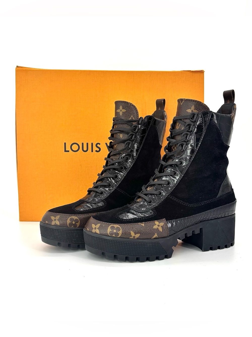 Louis Vuitton Laureate Logo Monogram Croc Emboss Platform Ankle Boots 39 - Picture 2 of 10